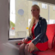 In this public exposure clip, a pretty, German girl discreetly pisses and shits on the seat of a public train without getting caught. Presented in 720P HD. Over 5 minutes.